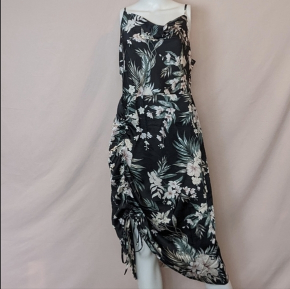 Simplee Plus Dark Blue Floral Strappy Cowl Neck Ruched Side Midi Dress size 1X - Picture 1 of 8